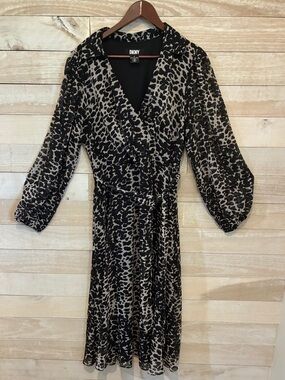 DKNY Black and Taupe Leopard-Print Midi Wrap Dress Plus Size 14